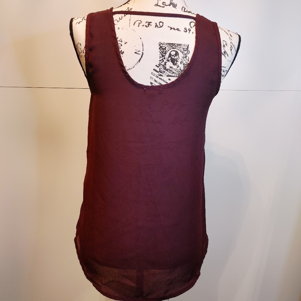 Maroon Sleeveless Blouse Gold Zipper Front Juniors Small Flowy Tank Top - Picture 3 of 9